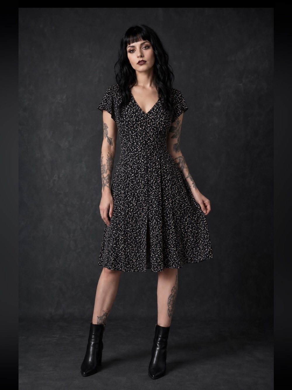 Disturbia Black Pink Ditsy Floral Gothic Midi Dress US 12